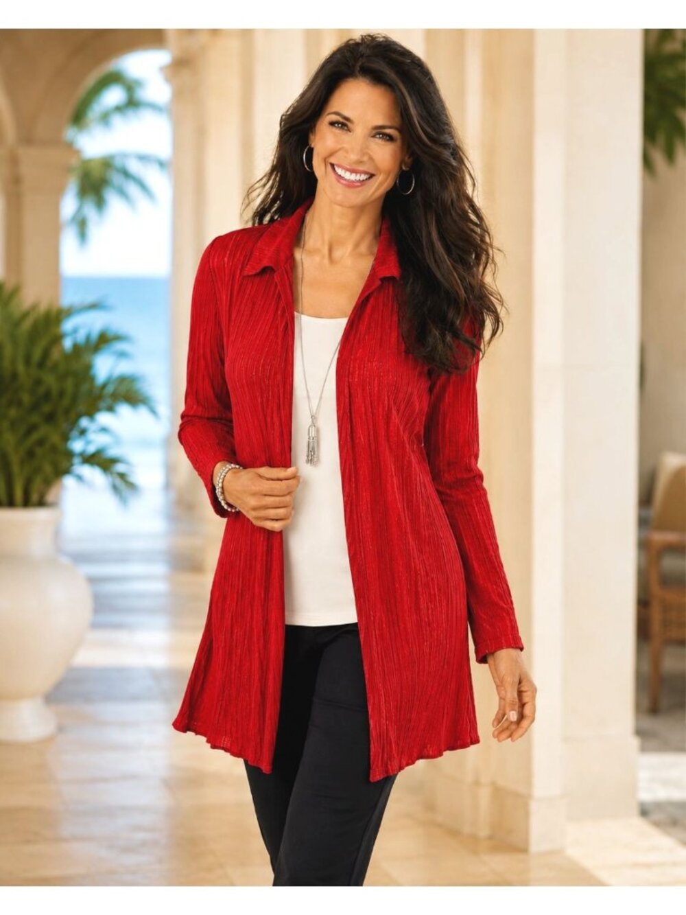 Chicos Travelers Collection Size2 Apple Red Open Front Duster Jacket Long Sleeve